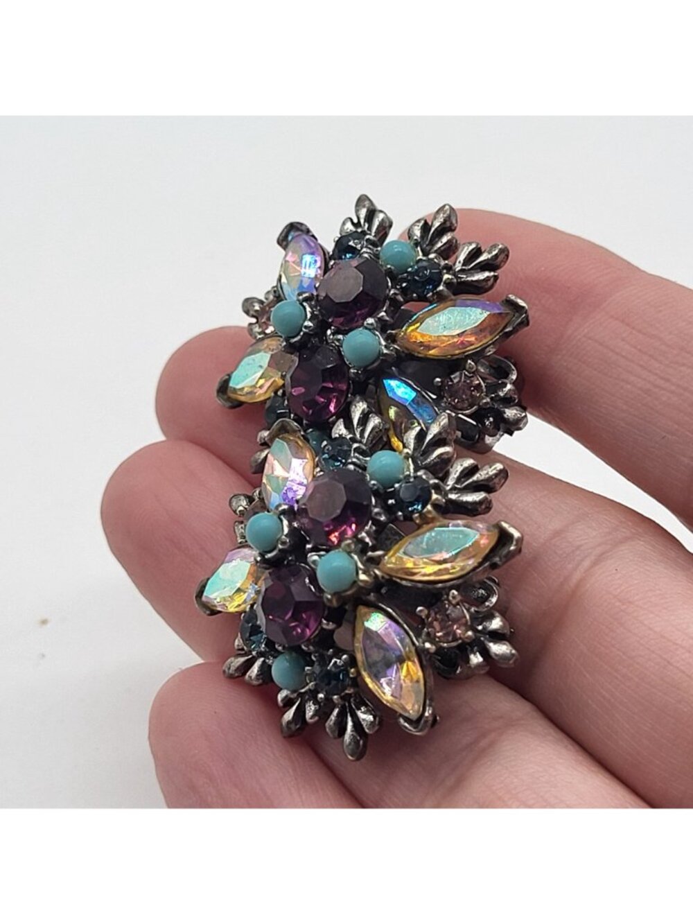 VTG Cluster AB Pink/Purple Rhinestones Clip On Earrings Blue Accent Beads Fairy - Picture 2 of 9